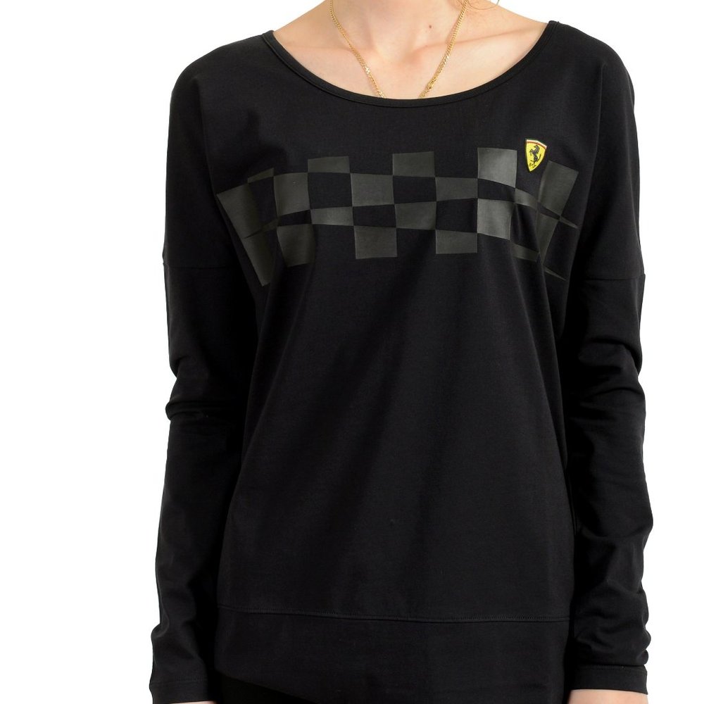 Scuderia Ferrari Women's Black "L/S CF Flag Print" Long Sleeve T-Shirt